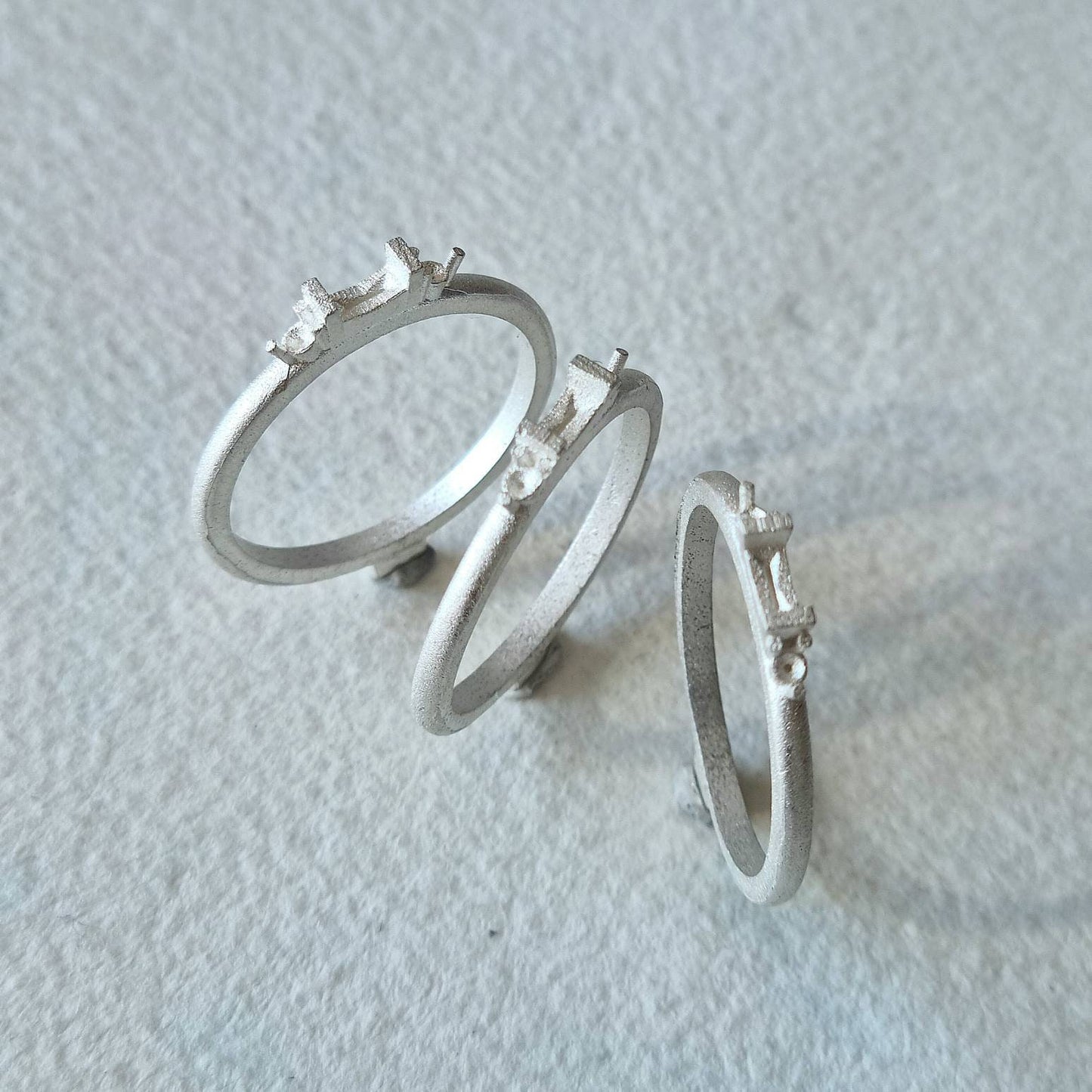 4x2mm baguette and 2mm round trilogy cast sterling silver ring blank